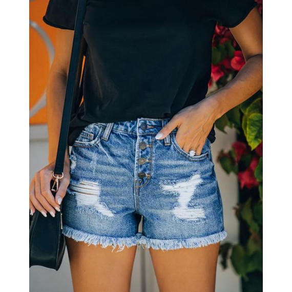 Riddle High Rise Button Front Distressed Denim Shorts